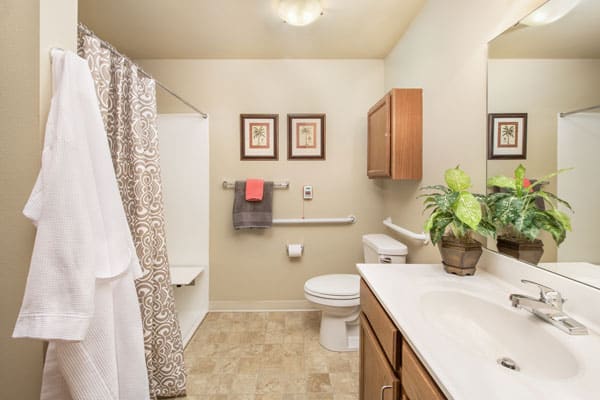 Photo of an apartment bathroom at Celebre Place Apartments and Assisted Living in Kenosha WI is a place where residents may live independently and stay involved in all life has to offer.