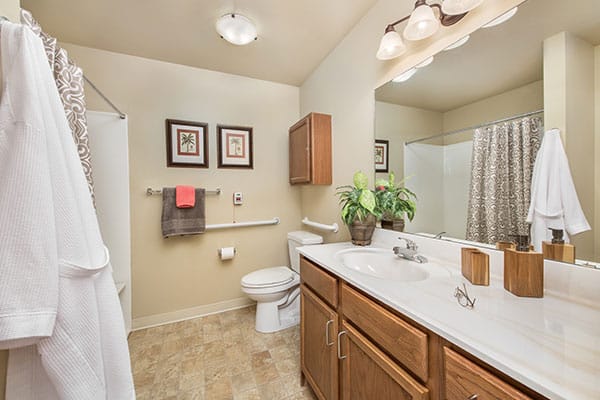 Photo of apartment's bathroom area at Celebre Place in Kenosha WI is a place where residents may live independently and stay involved in all life has to offer.